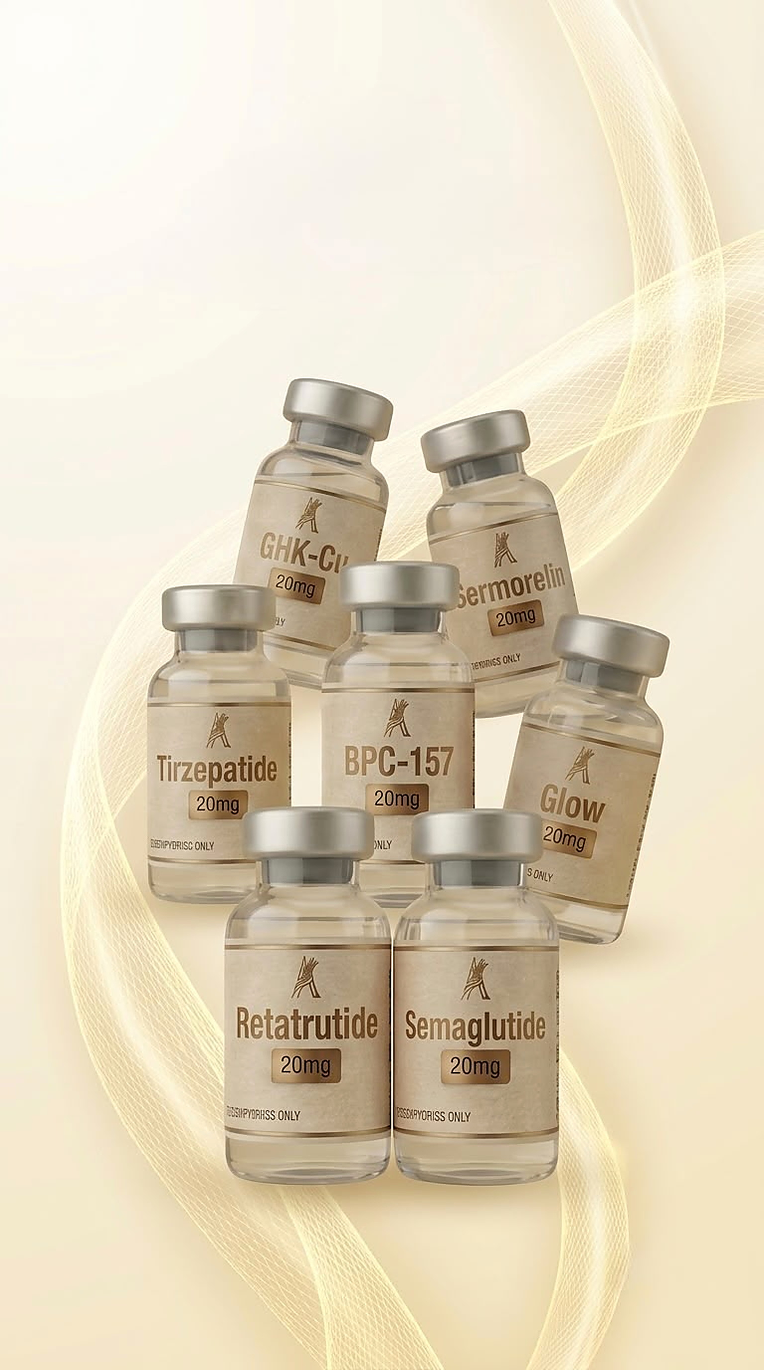 AZARI research peptide vials arranged on a champagne satin backdrop